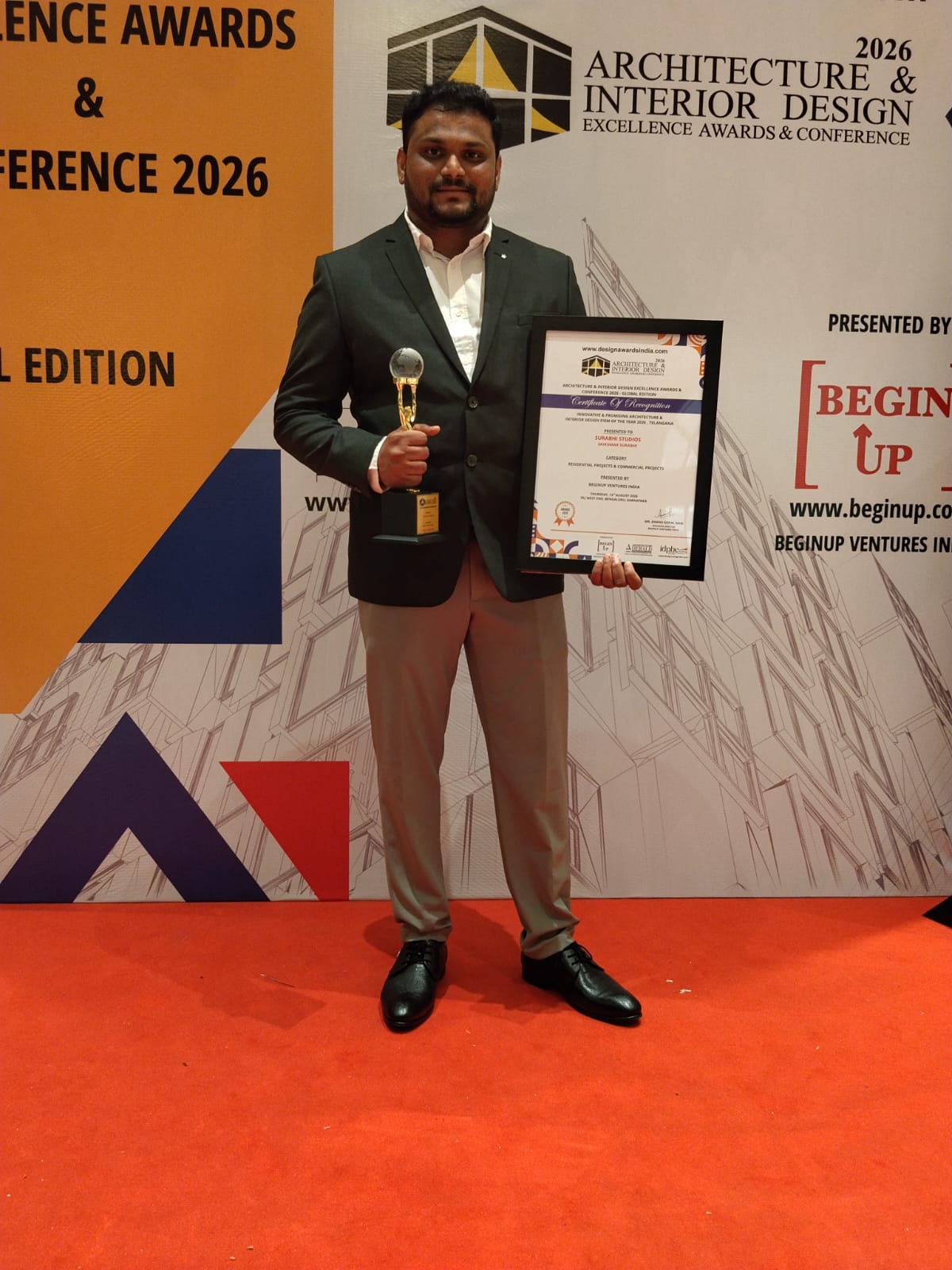 Founder of Surabhi Studios receiving an interior design award